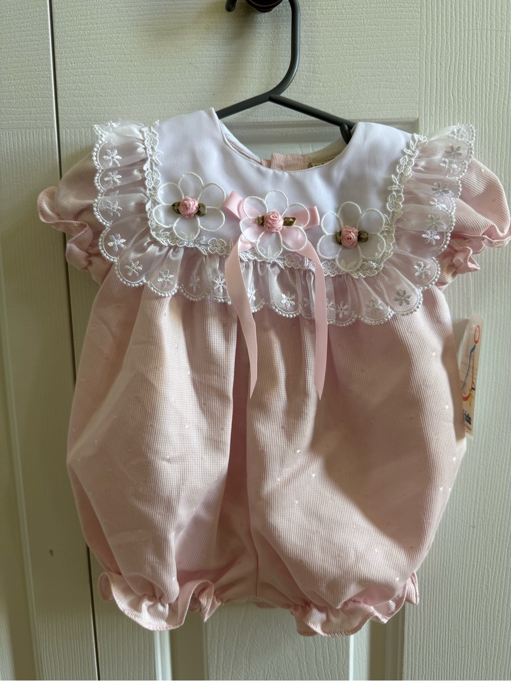 Vintage heirloom style Pink Baby Girl Floral Ribbon Bubble Romper 3-6M